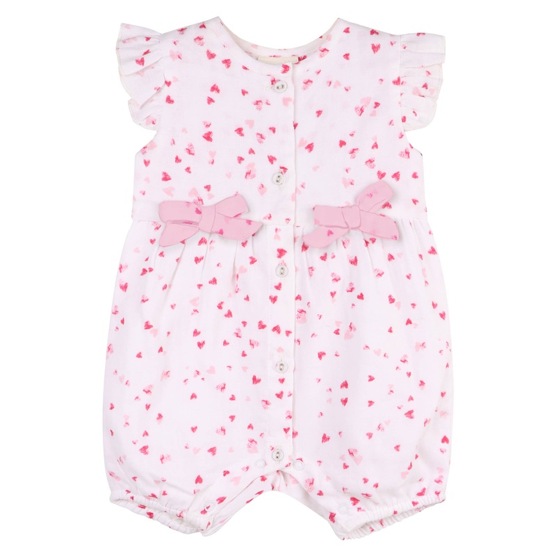 Viverano Organics - Dora Fluttering Hearts Bow Baby Romper (Organic Muslin) Off White 0-3M