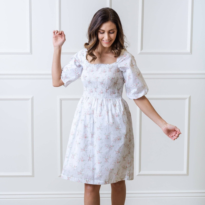 Hope and Henry - Smocked Bubble Sleeve Organic Dress Pink and Green Bouquet Floral 4