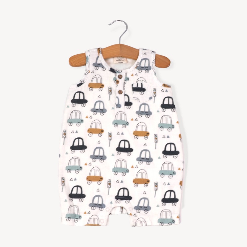Viverano Organics - Cars Henley Sleeveless Baby Romper (Organic Muslin) 0-3M Natural