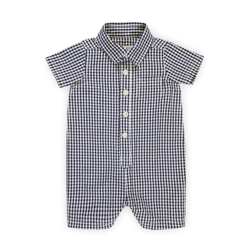 Hope and Henry - Organic Seersucker Button Front Romper 0-3 Months Navy Gingham Seersucker