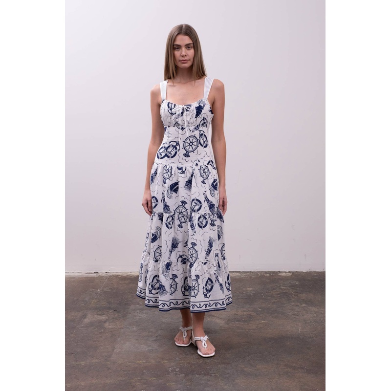 Moon River - SAILOR PRINT SLEEVELESS TIERED MIDI DRESS IVORY MULTI