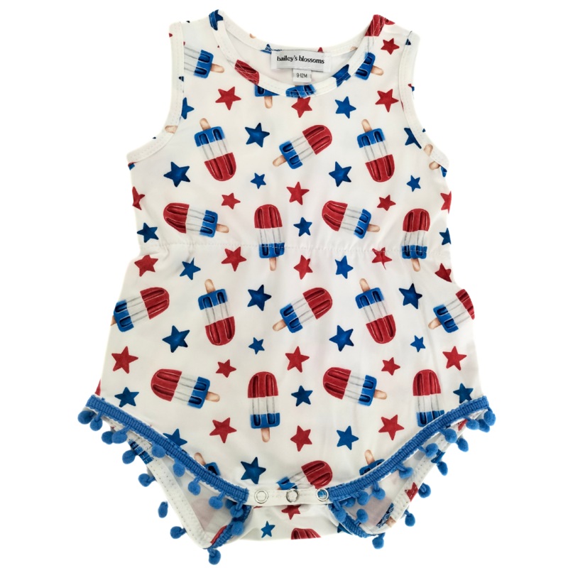 PREORDER! Dillon Pom Pom Romper - Patriotic Popsicles 0-3months