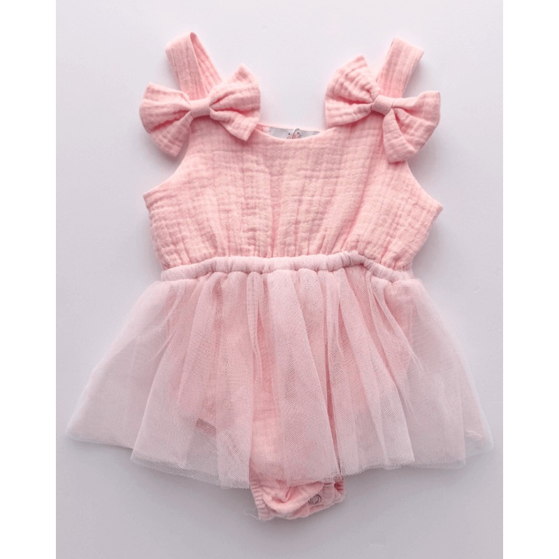 Dawsyn Bow Front Tulle Bubble Romper - Strawberry Ice 0-3months