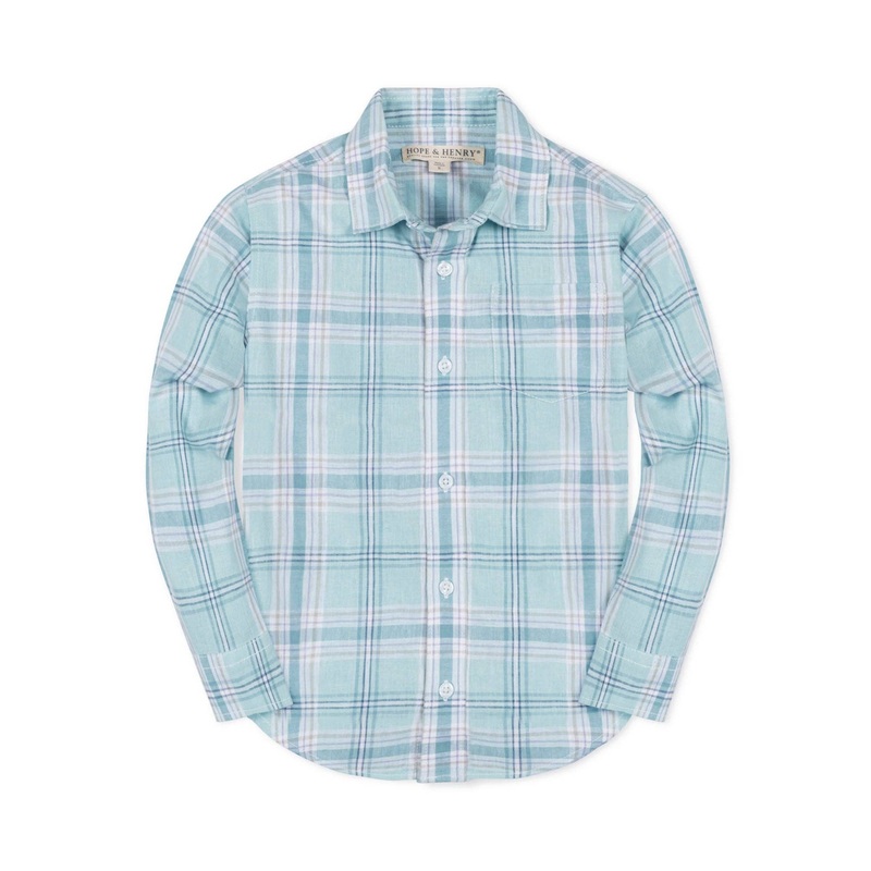 Hope and Henry - Linen Button Down Shirt Tea Room Blue Plaid Small