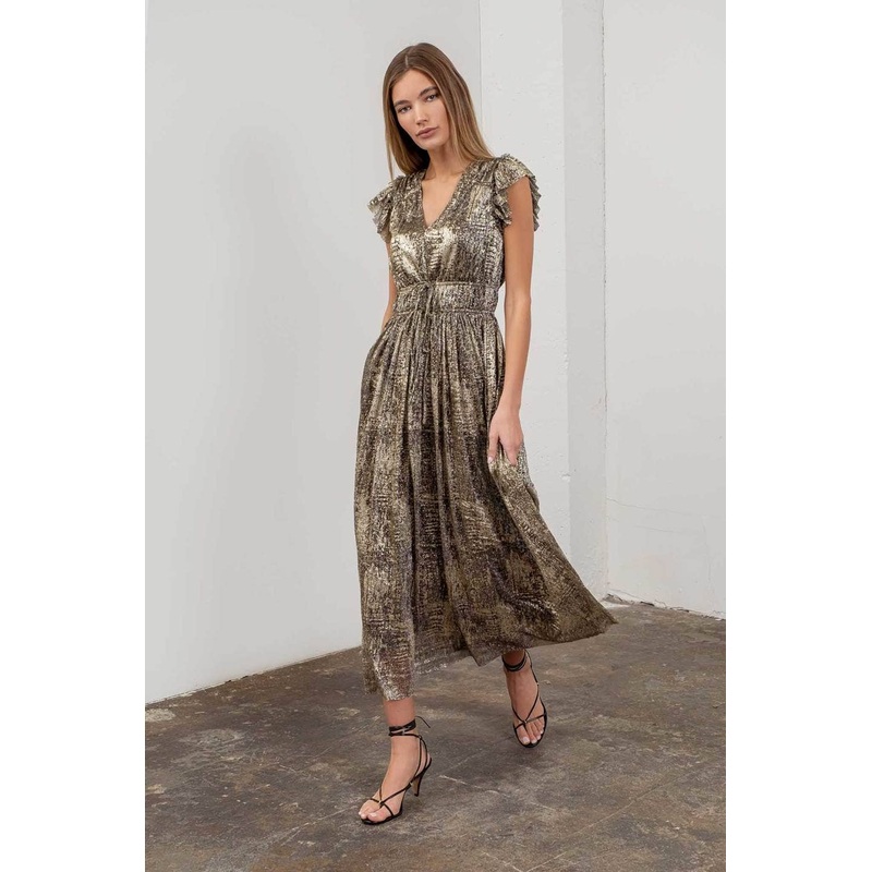 Metallic V Neck Front Tie Midi Dress XS