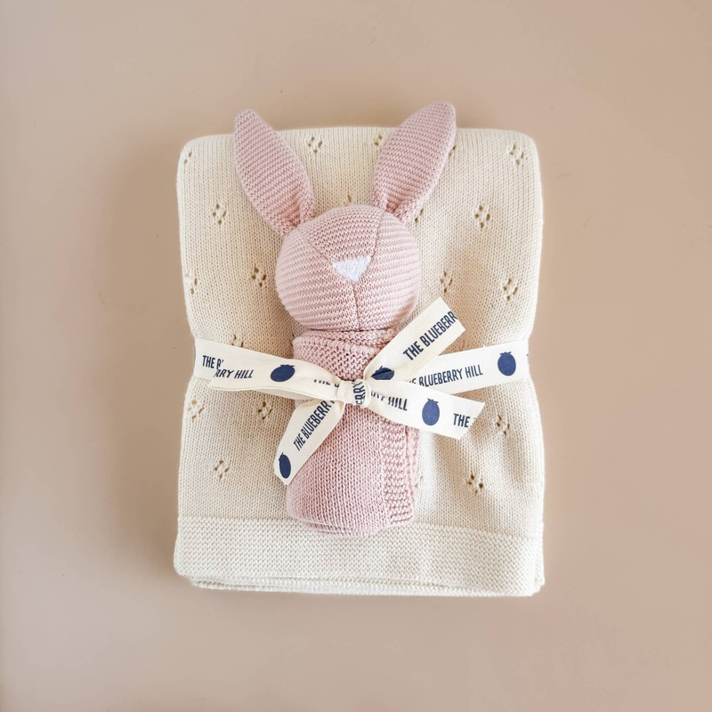 The Blueberry Hill - Blush Bunny Lovey Cream Blanket Set Organic Cotton Baby Gift