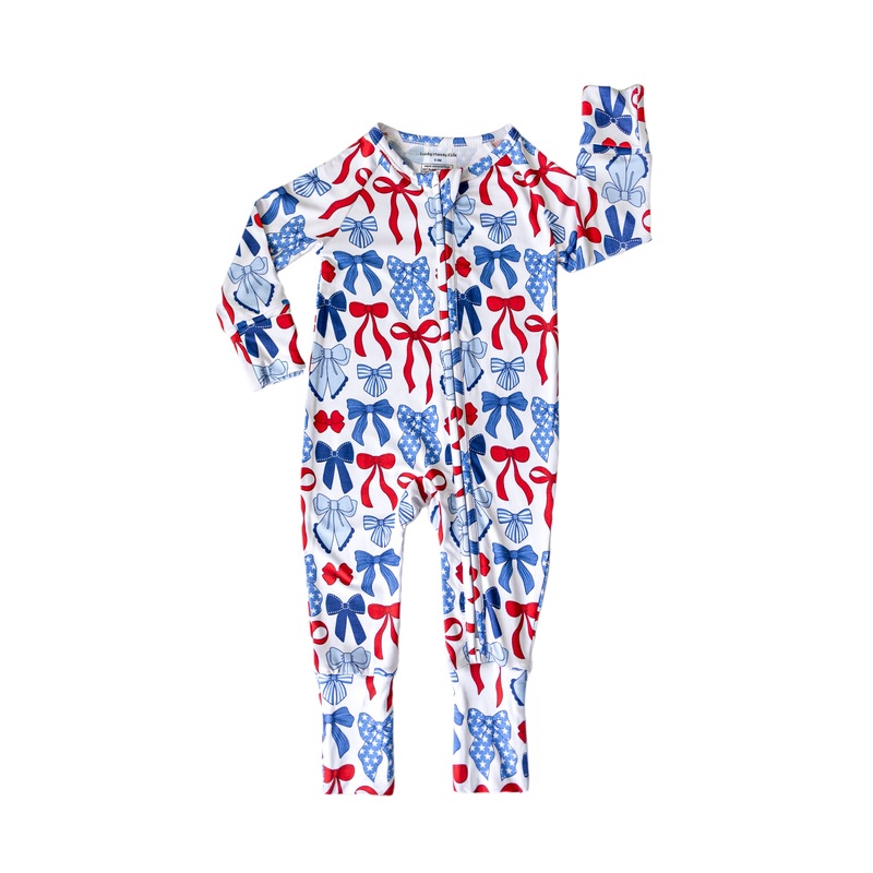 Bamboo Zip Romper  | Red-White & Bows 0-3M