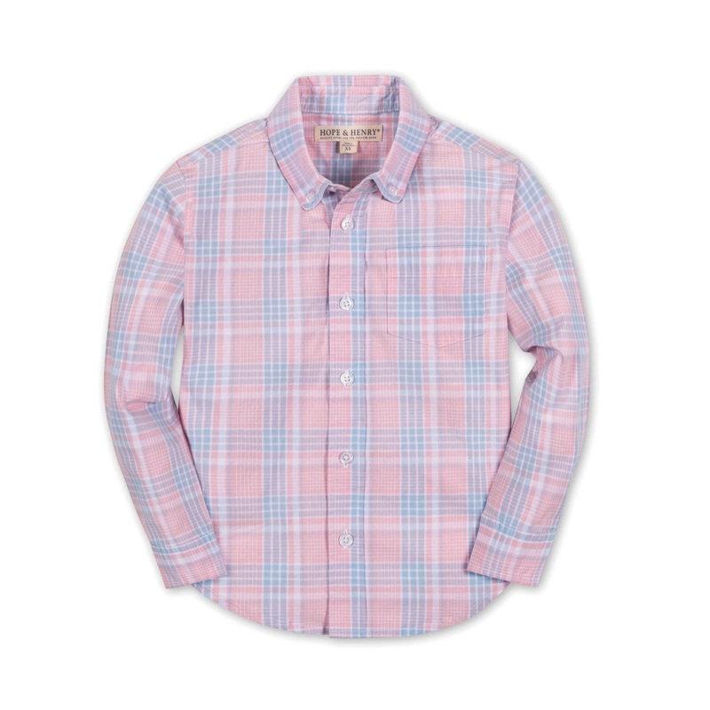 Hope and Henry - Organic Stretch Poplin Shirt Pink Petal Plaid Small
