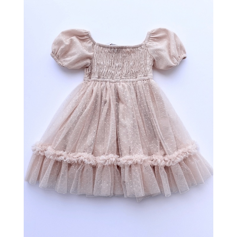 Smocked Dots Tulle Dress - Champagne 0-3months