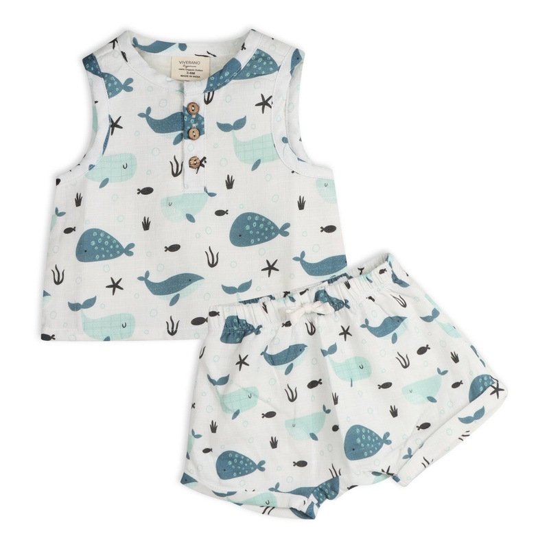 Viverano Organics - Whales Baby Top + Shorts (Organic Muslin) WHITE 18-24M