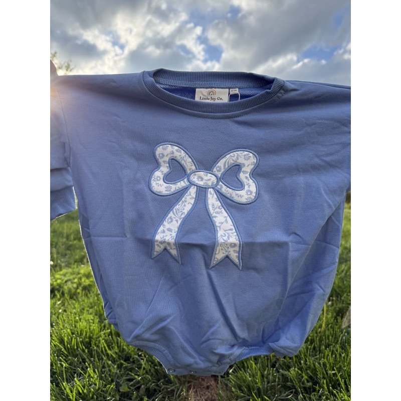 Blue Toile Applique Bow Sweatshirt Romper or Crewneck Romper 0-3 months