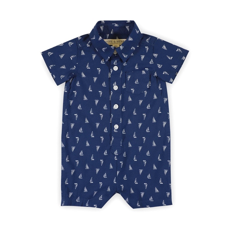 Hope and Henry - Organic Seersucker Button Front Romper Blue Sailboats Seersucker 0-3 Months
