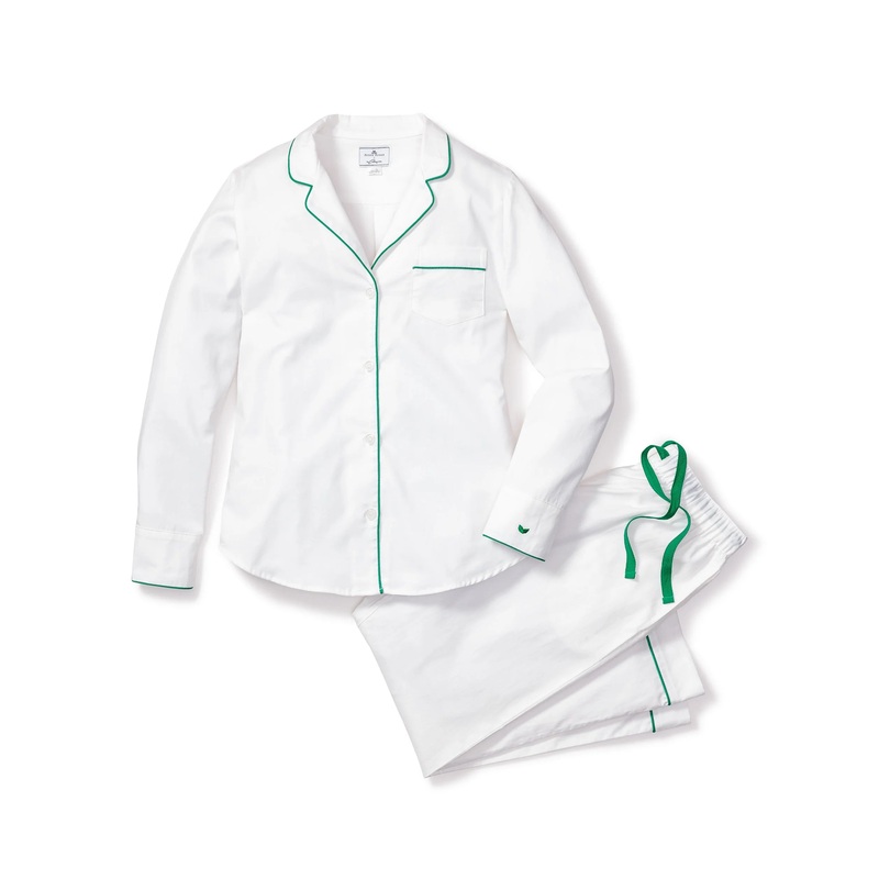 Women's White Twill Pajama Set with Green Piping XS