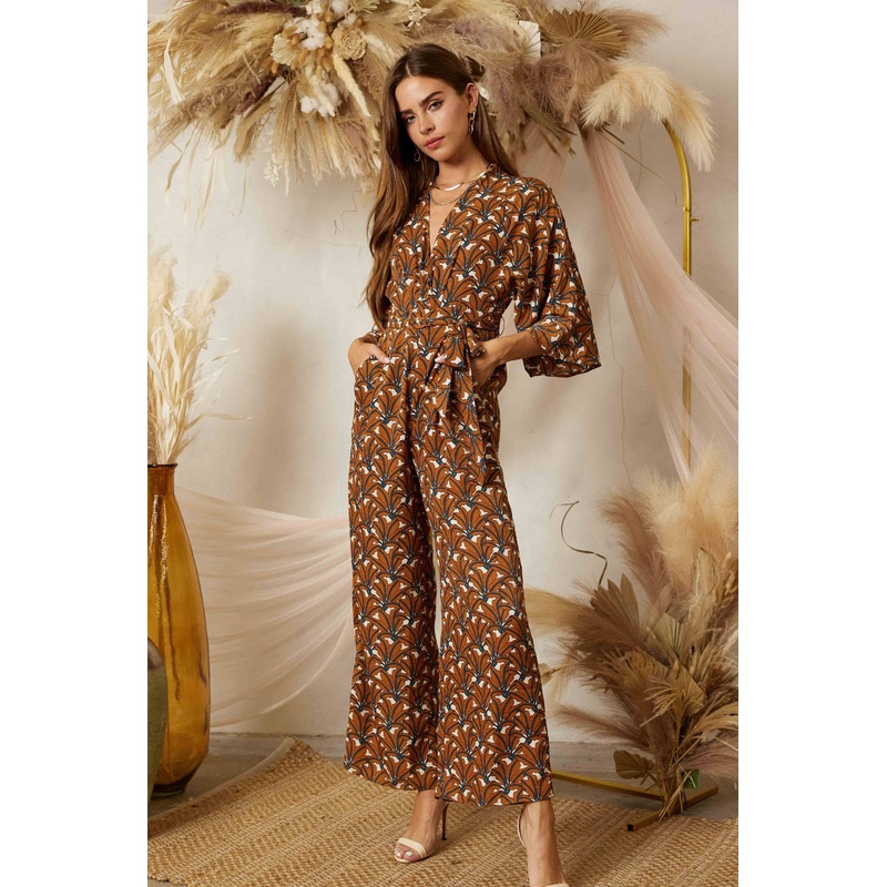 Endless Blu - QR8304 Printed Jumpsuit COFFEE/ECRU Large