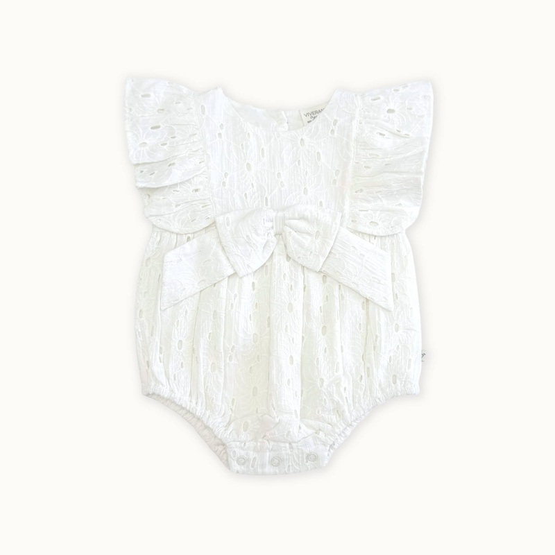 Viverano Organics - Luna Schiffli Ruffle & Bow Baby Girl Romper (Organic) 12-18M Off-White