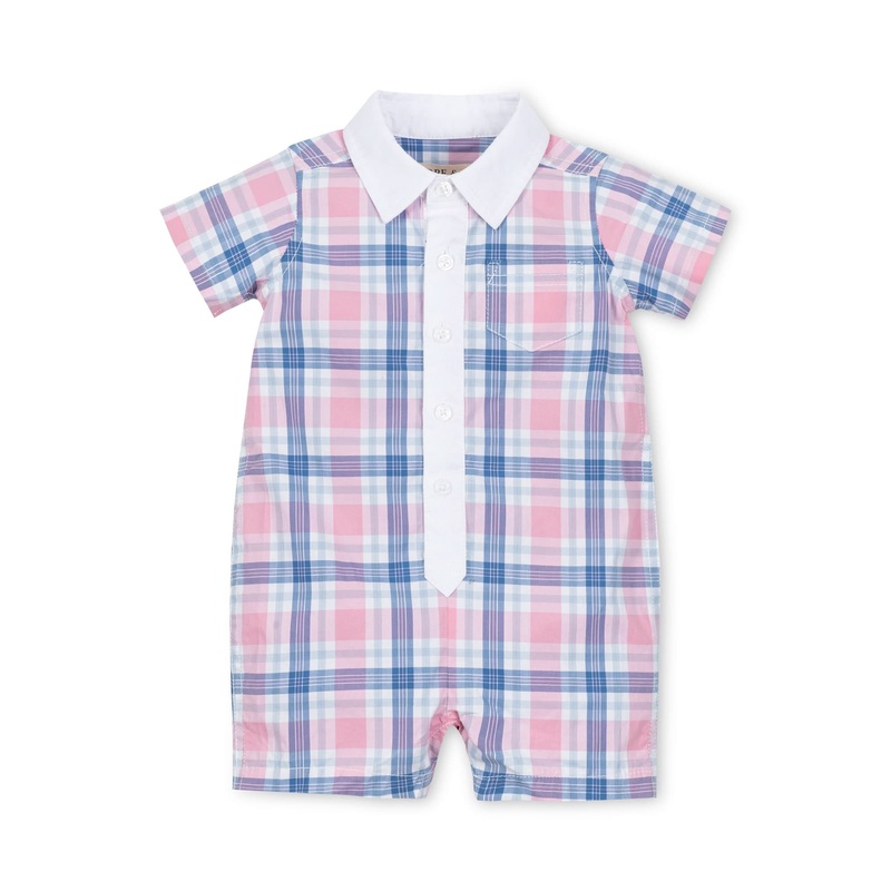 Hope and Henry - Stretch Organic Poplin Button Front Romper Fresh Pink and Blue Plaid 0-3 Months
