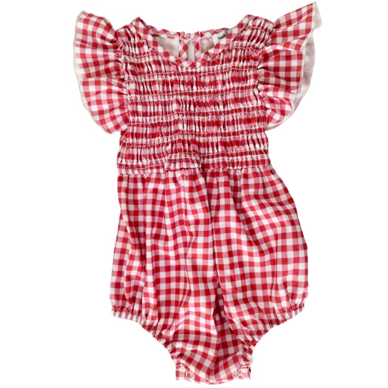 PREORDER! Astrid Flutter Sleeve Bubble Romper - Red & White Gingham Cherry 0-3months