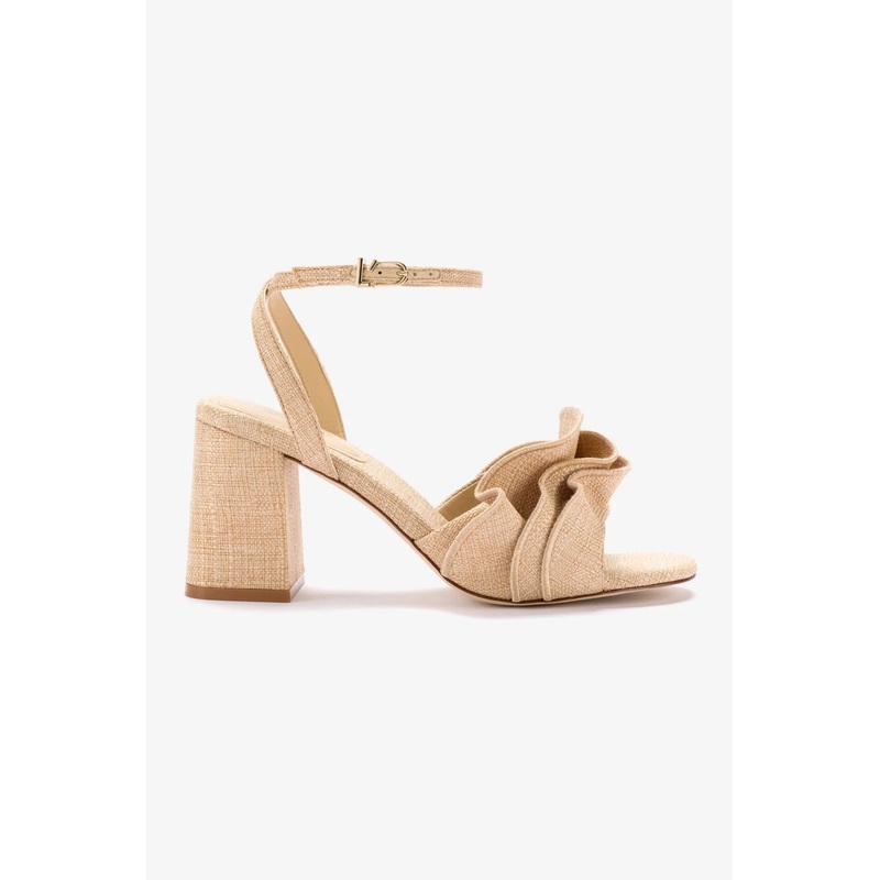 Selena Ruffle Sandal In Beige Raffia 6.5
