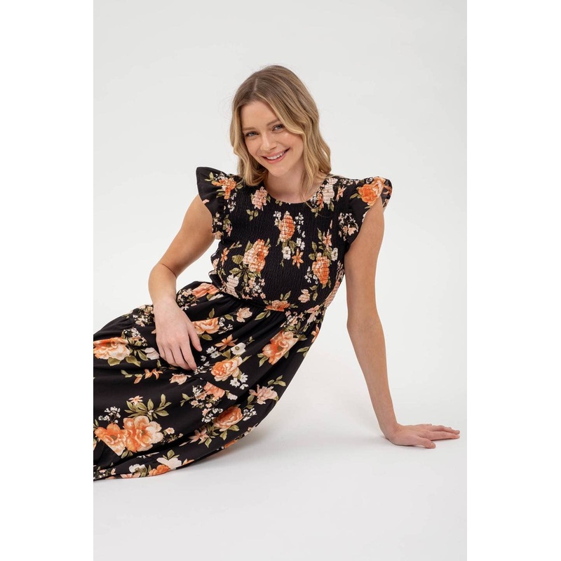 Smocked Tiered Floral Midi Dress XS