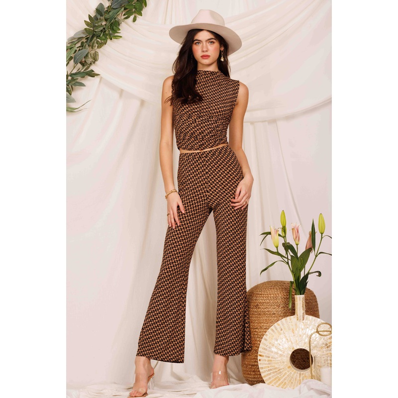 Endless Blu - DQP8108 PRINTED KNIT WIDE LONG PANTS Large BROWN/BLACK