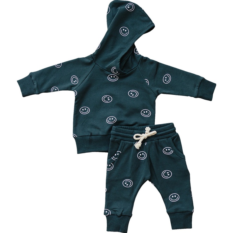 Dark Teal Smiley Hooded French Terry Set 0-3