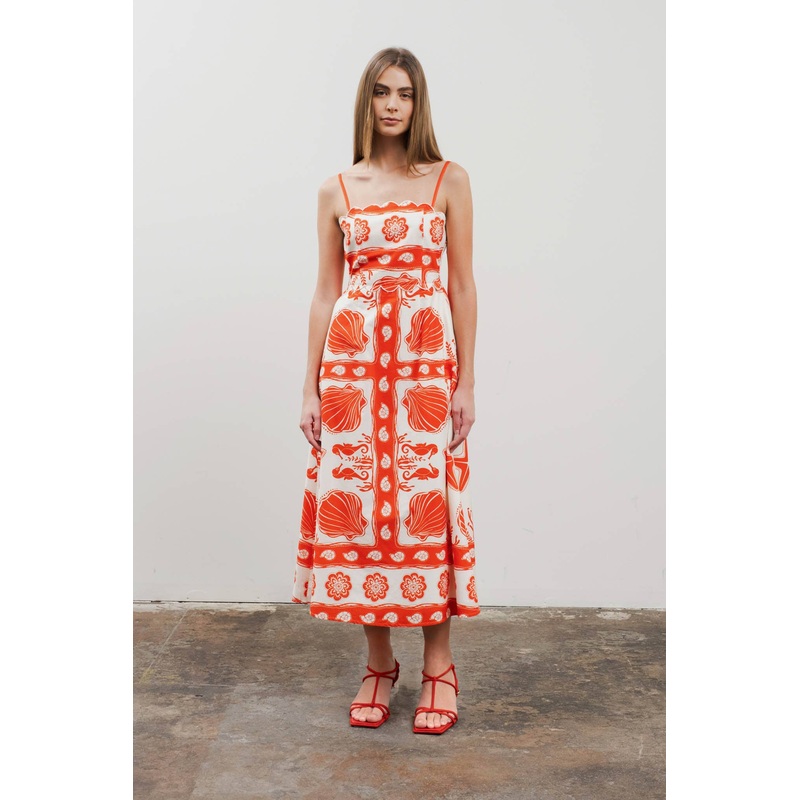 Moon River - SEA PRINT SCALLOP DETAIL MIDI DRESS RED MULTI