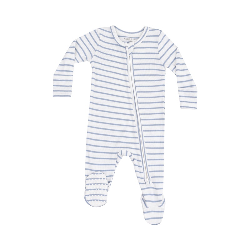 2 Way Zipper Ribbed Footie, French Stripe Dusty Blue