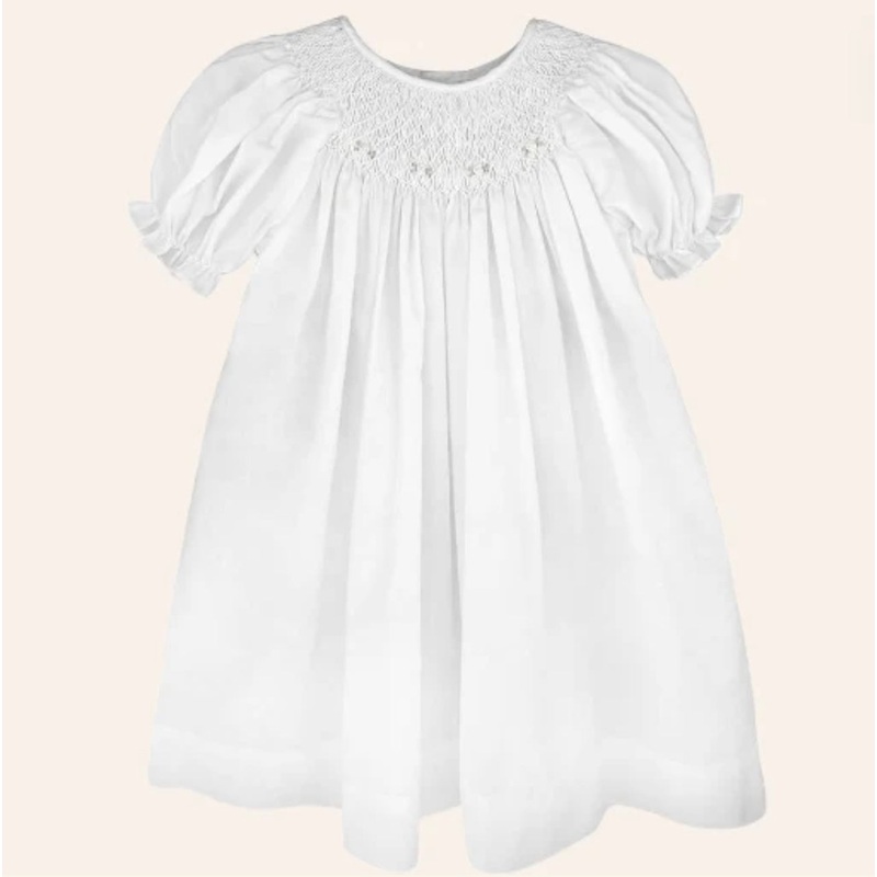 White Smocked Bishop Dress with White Roses & Bloomers