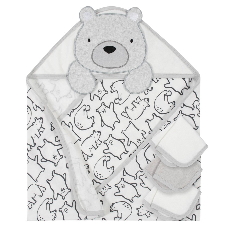4-Piece Boys Bear Hooded Towel and Washcloths Set
