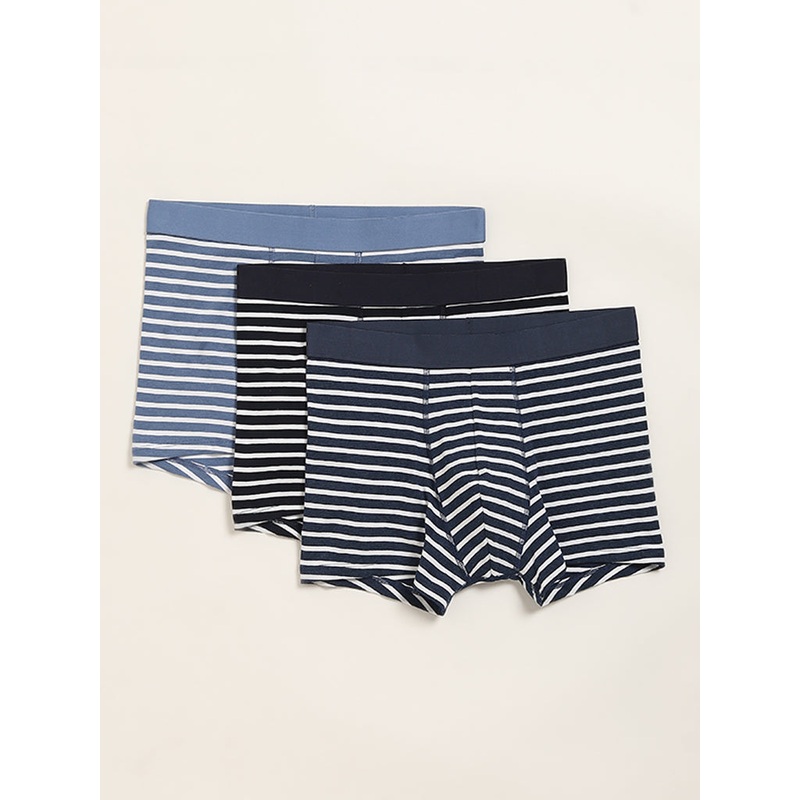 WES Lounge Navy Striped Cotton-Blend Relaxed Fit Trunks - Pack of 3