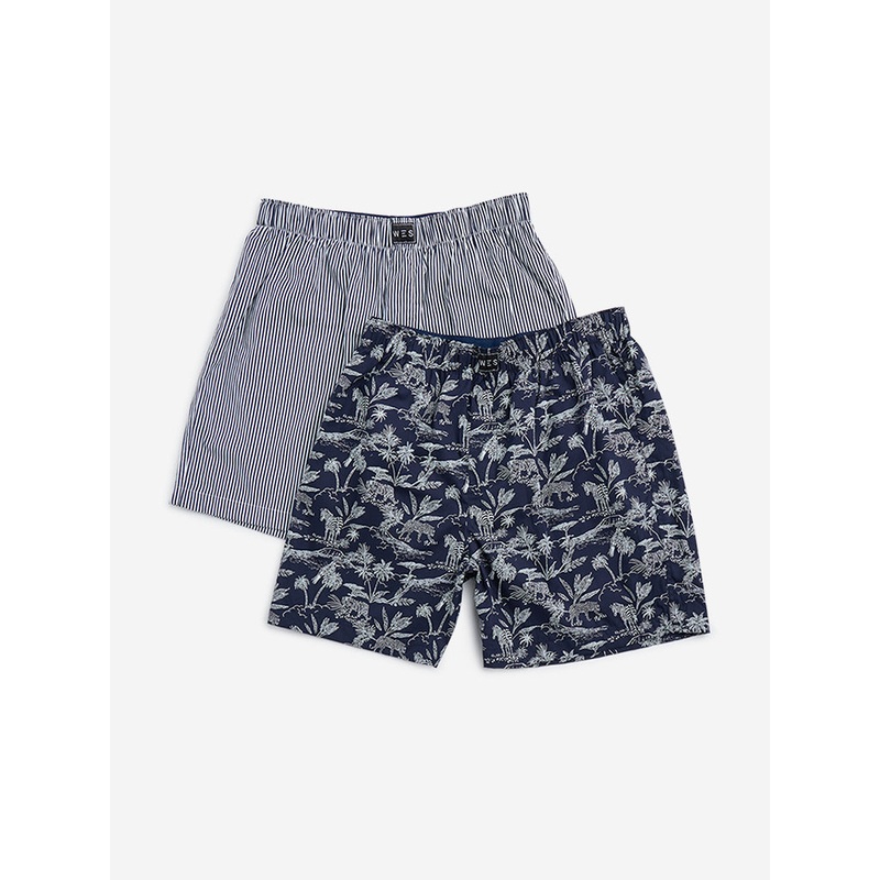 WES Lounge Navy Printed Cotton Boxers - Pack of 2