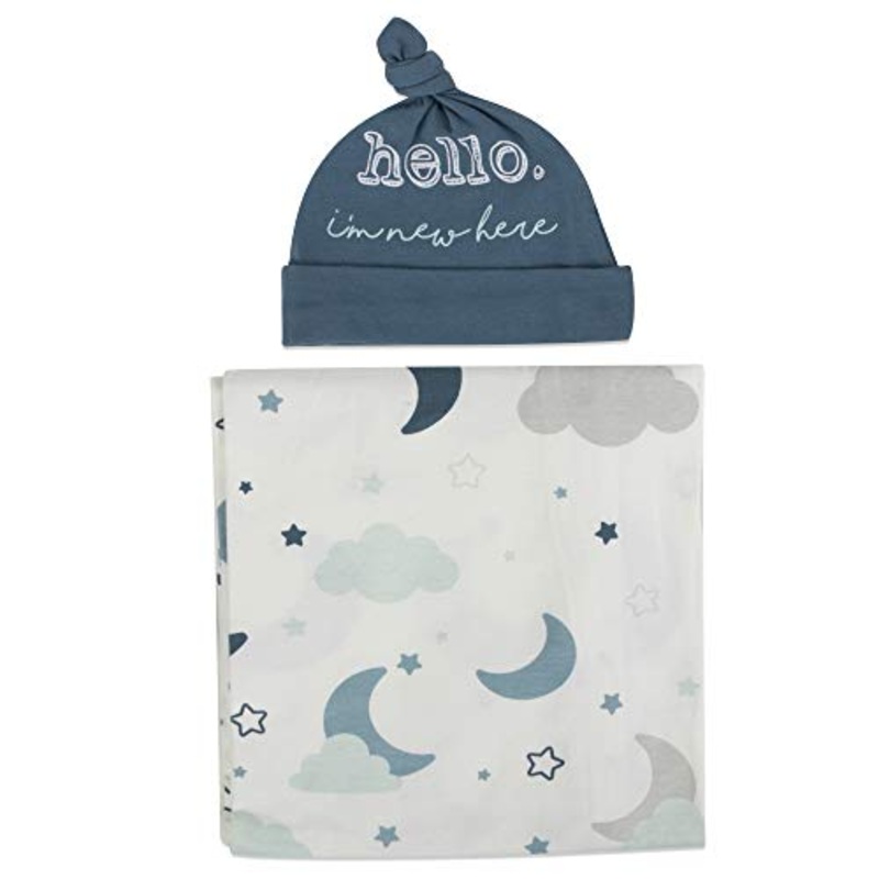 Tender Kisses Gift Set Swaddle Blanket and Hat - Hello Moon Star