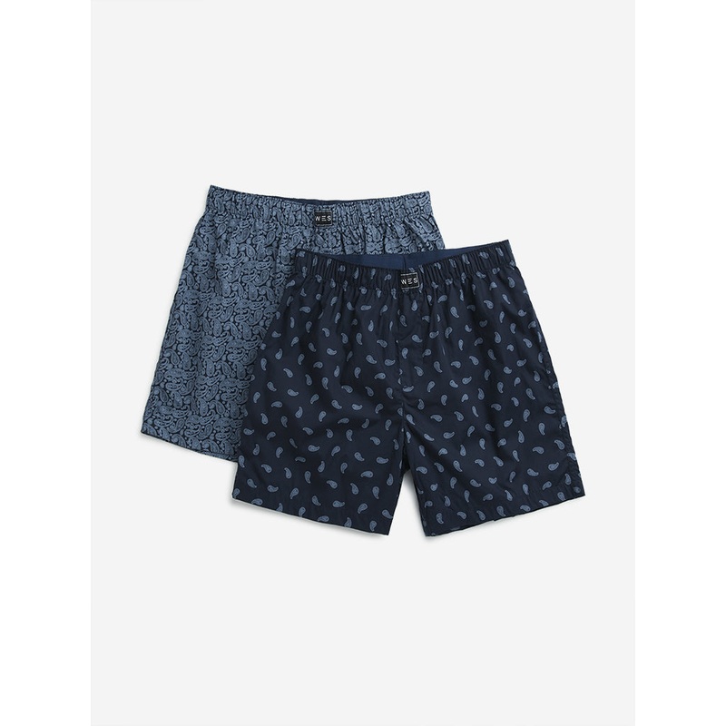 WES Lounge Blue Printed Cotton Boxers - Pack of 2