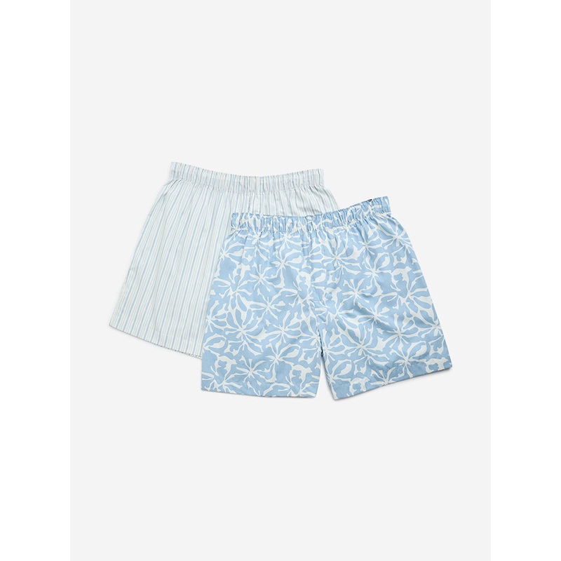 WES Lounge Light Blue Relaxed-Fit Cotton Boxers- Pack of 2