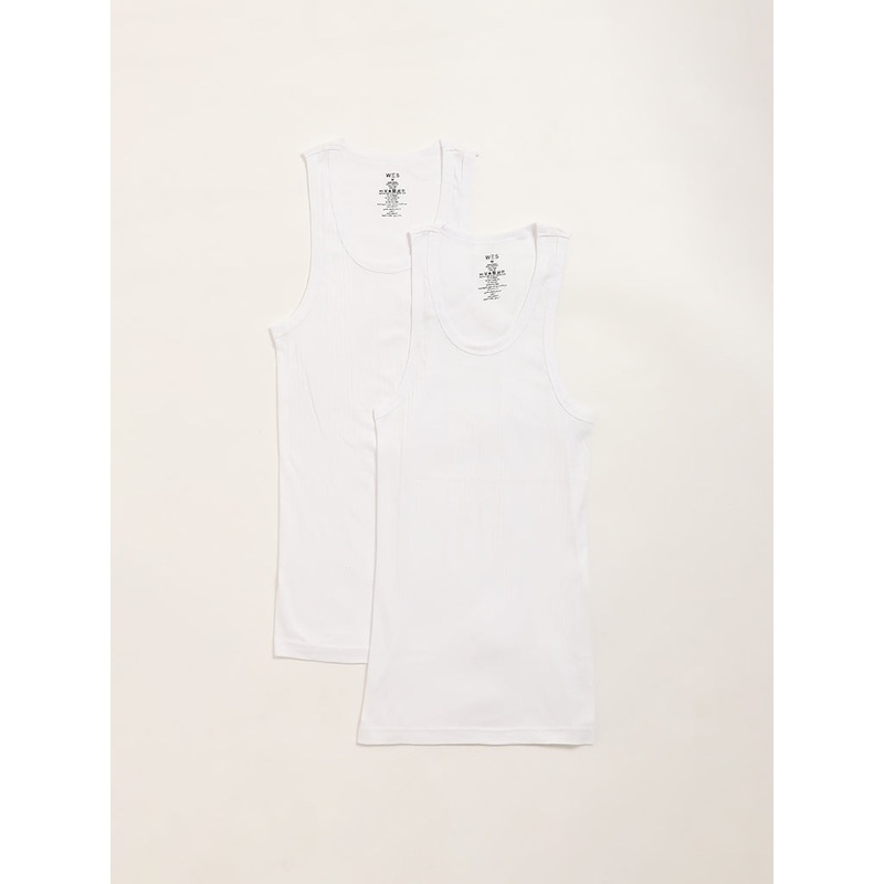 WES Lounge White Sleeveless Cotton Vests - Pack of 2