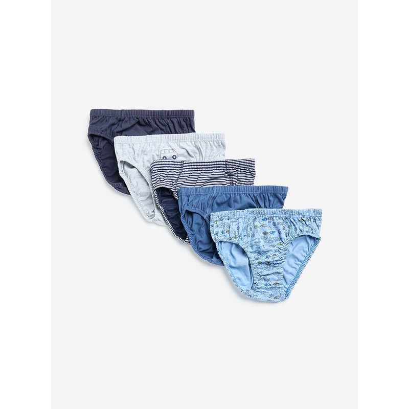 Y&F Kids Blue Printed Cotton Briefs - Pack of 5