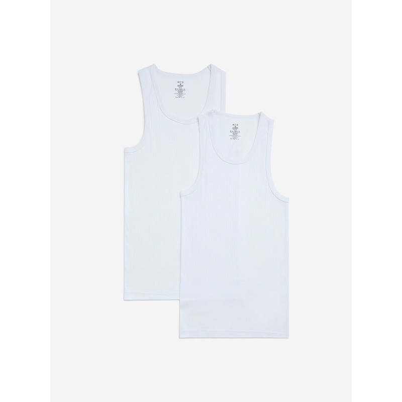 WES Lounge White Self-Textured Cotton Vests - Pack of 2