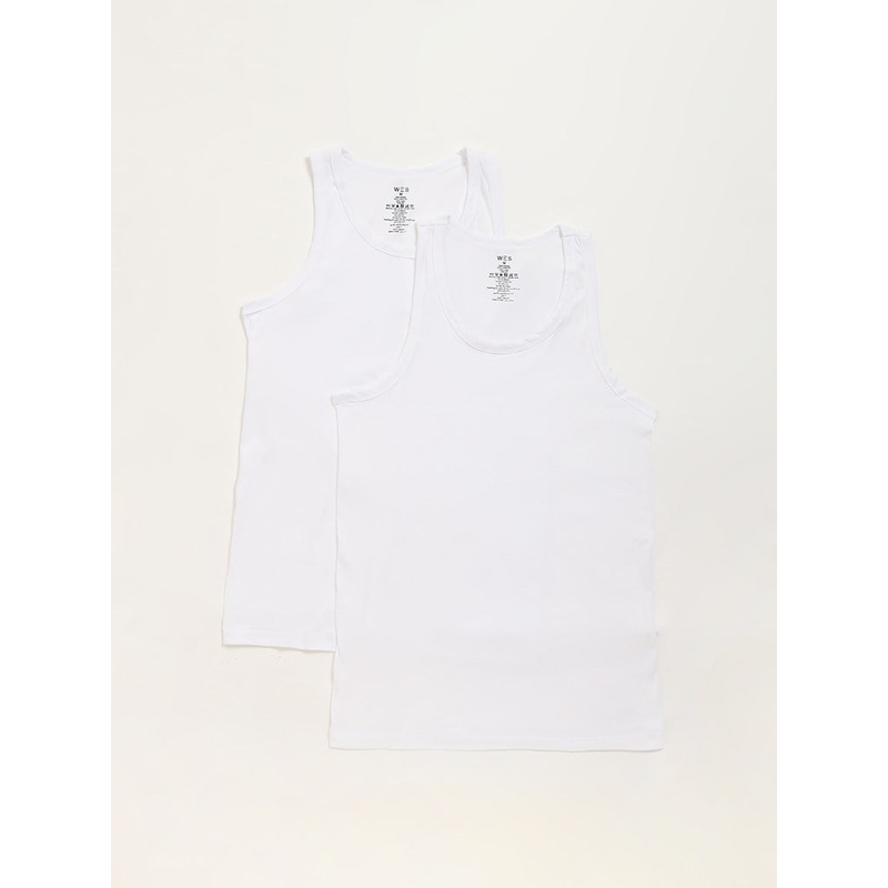 WES Lounge Plain White Cotton Vests - Pack of 2
