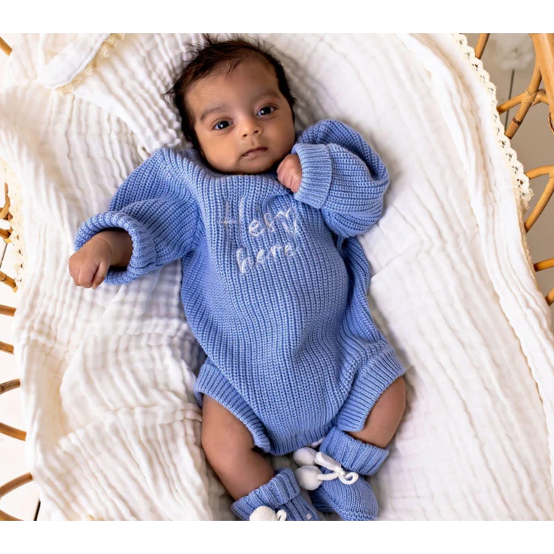 He's Here Chunky Knit Romper - Sky - Confetti Kidz