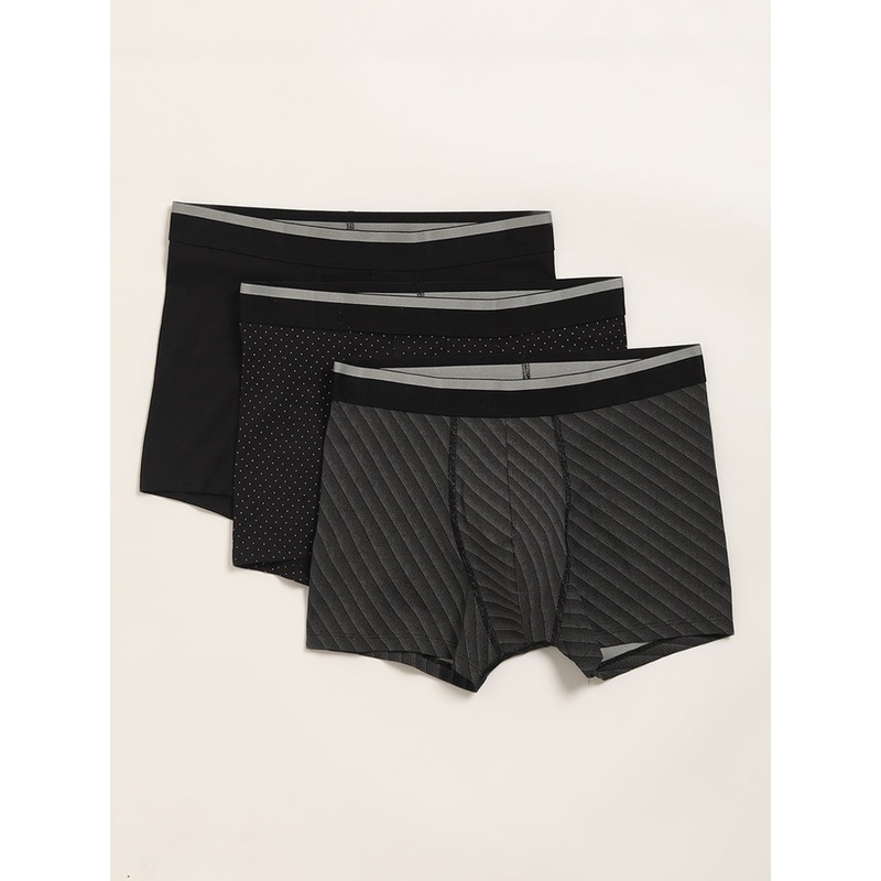 WES Lounge Black Printed Cotton-Blend Relaxed Fit Trunks - Pack of 3 LBNU253622059885