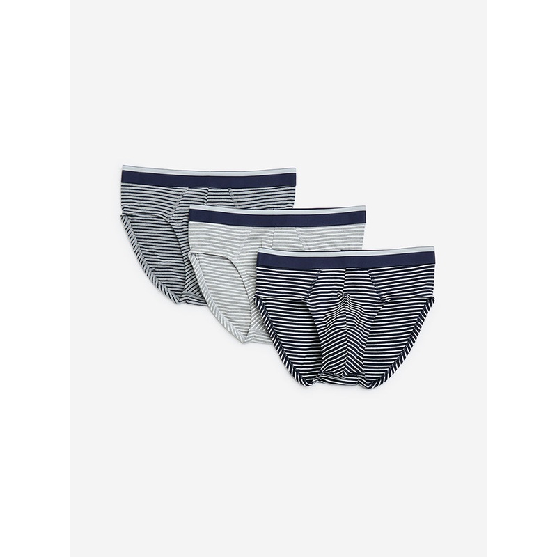 WES Lounge Navy Stripe Printed Cotton Briefs- Pack of 3