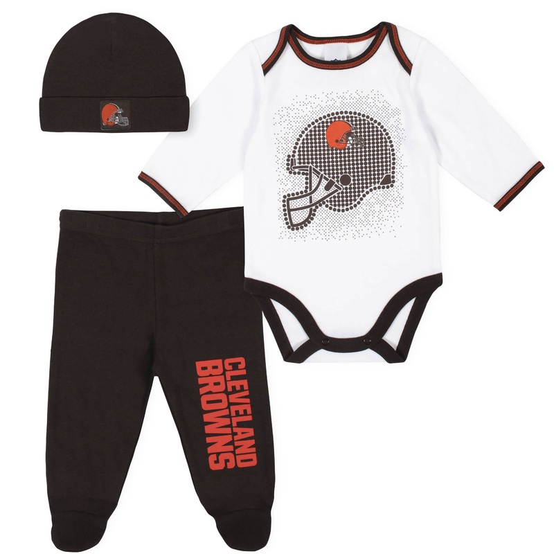 3-Piece Baby Boys Cleveland Browns Bodysuit, Footed Pant, and Cap Set