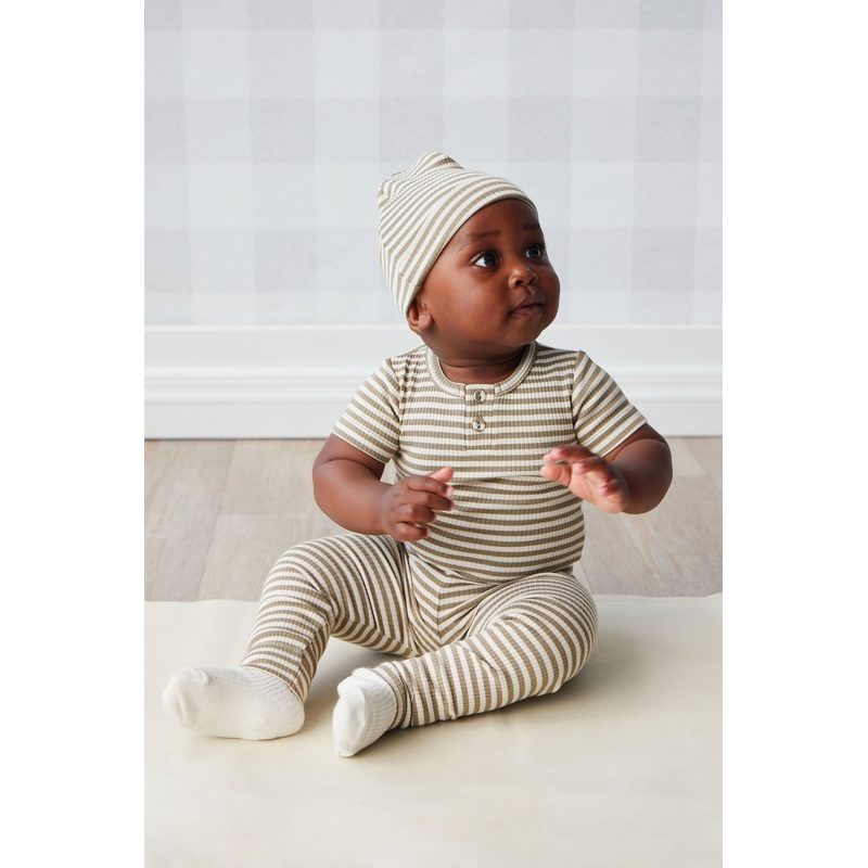 Organic Cotton Modal Lennon Beanie - Narrow Stripe Oak/Soft Clay