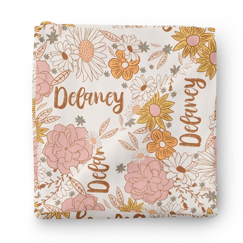 Boho Floral Personalized Baby Name Swaddle Blanket