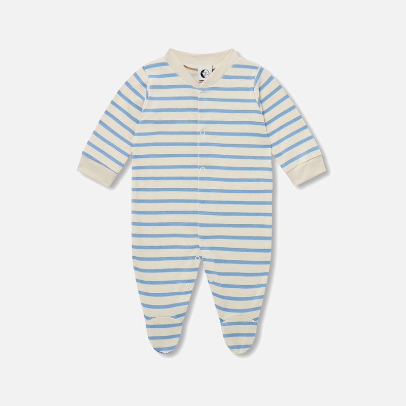 Baby Cotton Sleepsuit - Oatmeal/Cornflower Stripe