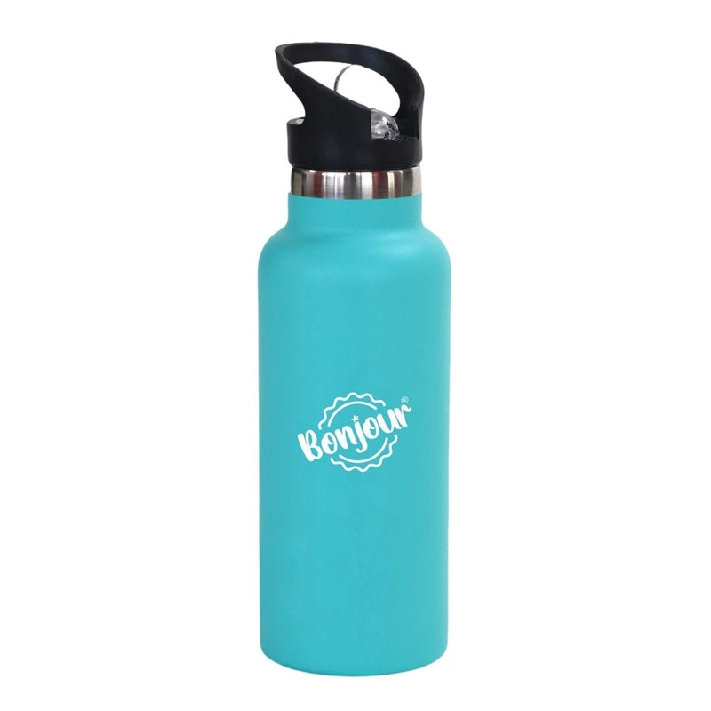 Bonjour Sip Box Premium Stainless Steel Insulated Water Bottle with Straw Lid and Handle Cap 500 ml,BPA-Free (Light blue)