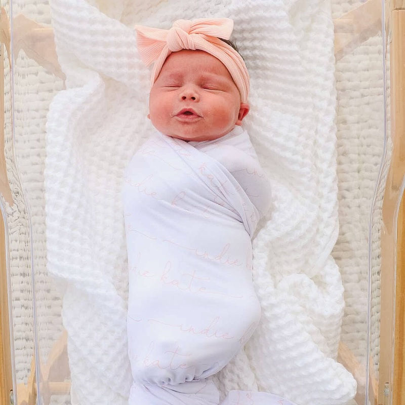 Personalized Peony Pink on Pure White Baby Name Swaddle Blanket - Script