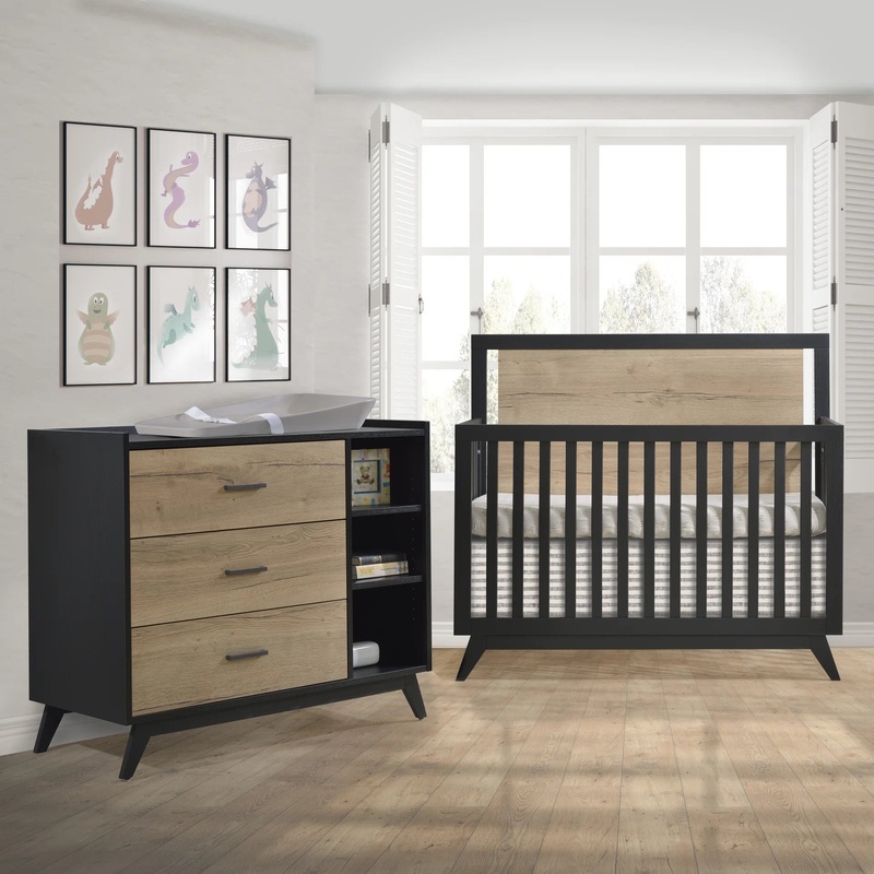 Tulip Juvenile Sissi Convertible Crib with 3 Drawer Dresser Set - Black/Natural Oak