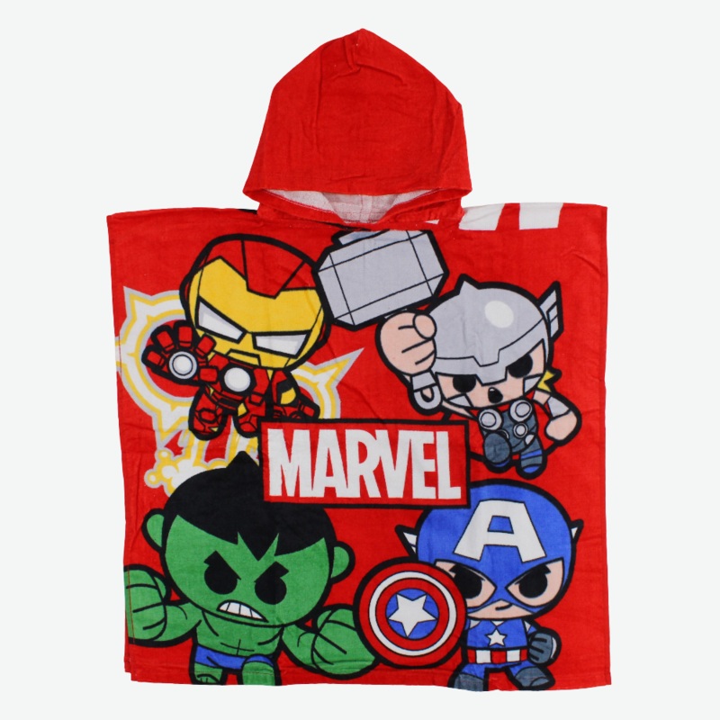 Boys Poncho Beach Towel with Hoodie  Red with Avengers Print