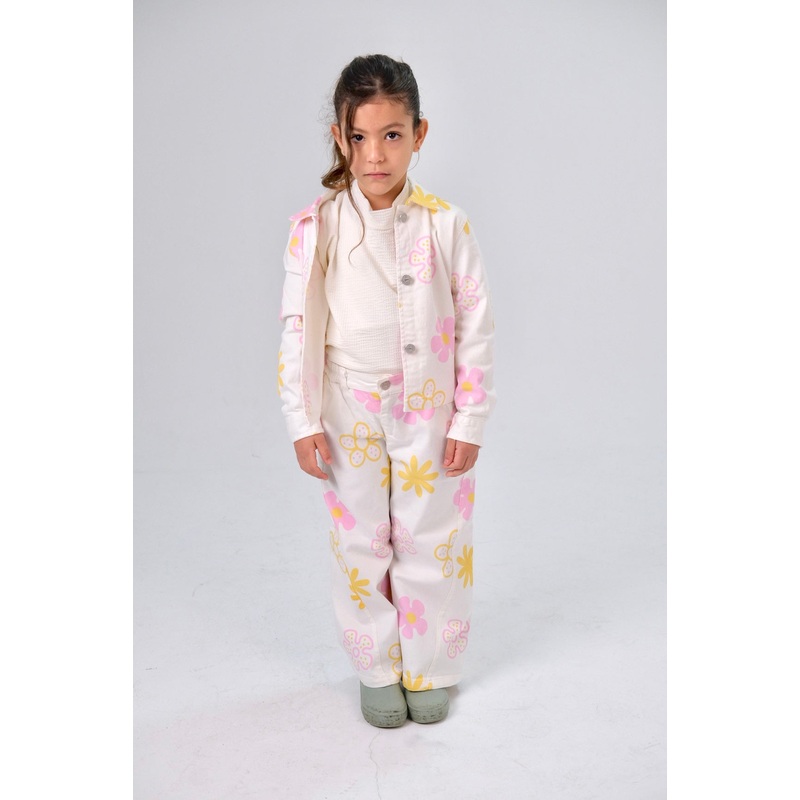 Girls Printed Gabardine Pants  Offwhite with Flowers